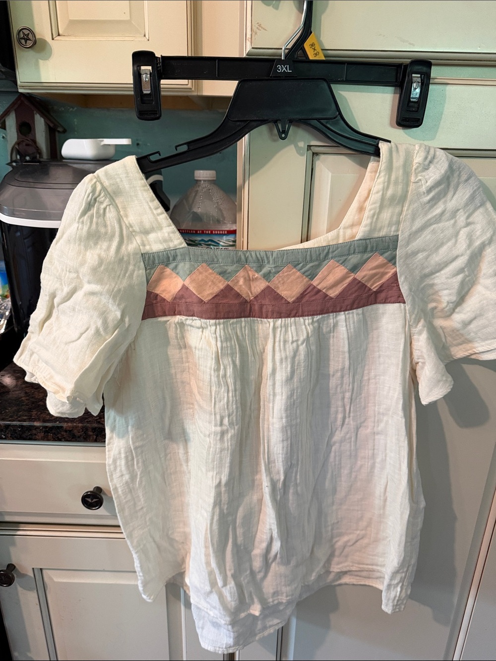 Madewell Cream Cotton Puff-Sleeve Peasant Top with Pink & Sage Trim